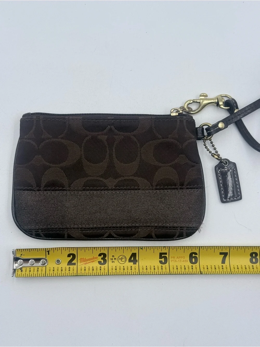 Coach Signature C Dark Brown Jacquard Wristlet Mini Pouch Leather Strap Y2K